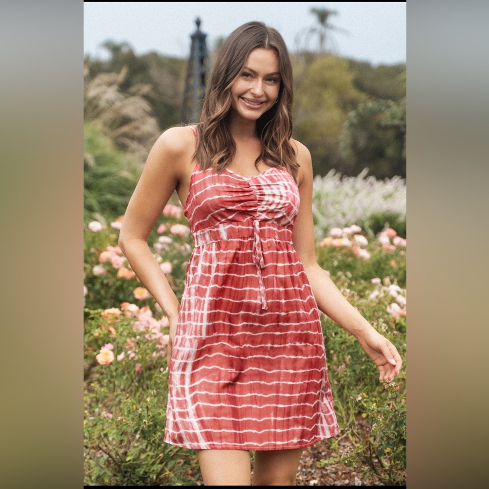 Brick Tie Dye Shirred Sweetheart Sleeveless Mini Dress